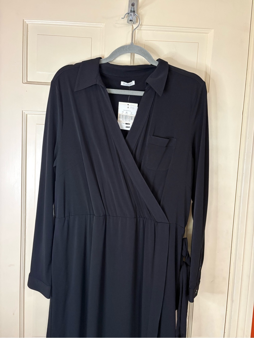 Planet Dress  10 US 14 UK Black Wrap Midi Long Sleeve Belted Office Chic New - Picture 11 of 12